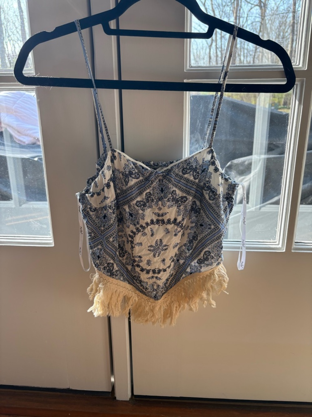 Papaya Blue and Cream Bandana-Print Fringe Cami